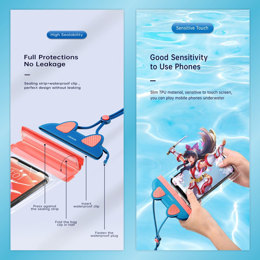USAMS YD010 Mobile Phone Waterproof Bag Kantong Pelindung HP Anti Air Universal 7inch IPX8