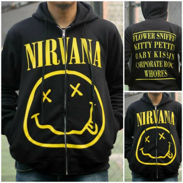 HOODIE NIRVANA HITAM LENGAN PANJANG SWEATER NIRVANA HOODIE BAND SMILE FACE NIRVANA