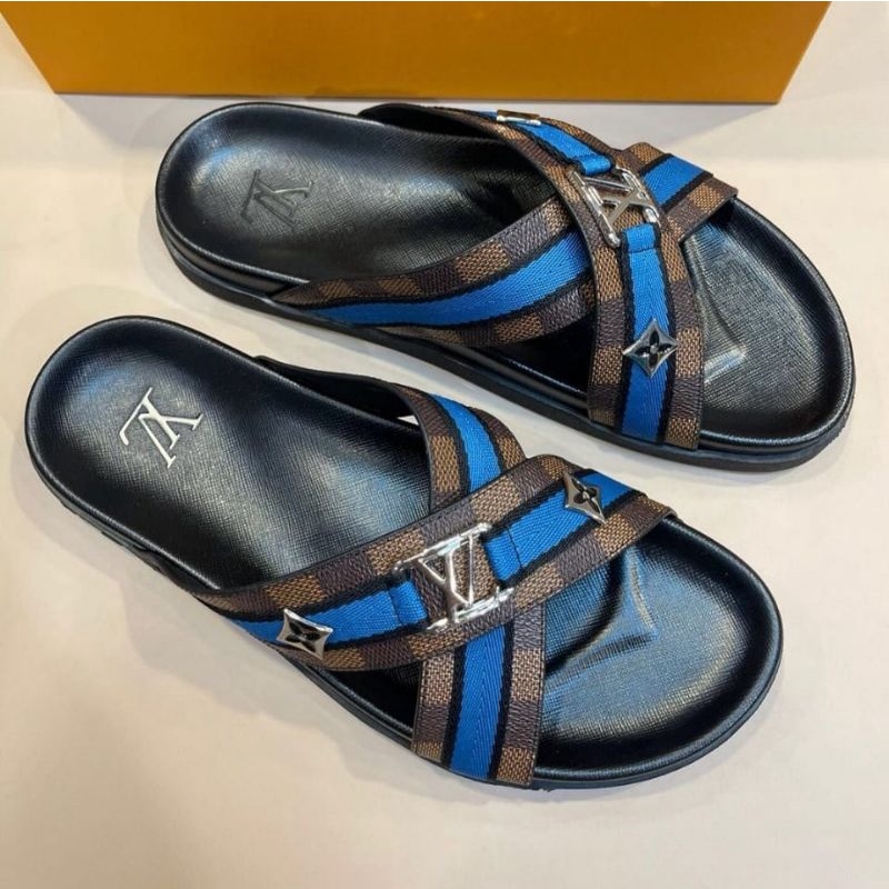 lv sandal pria silang damier coklat motif catur sendal cowok slippers mirror 1:1 slide