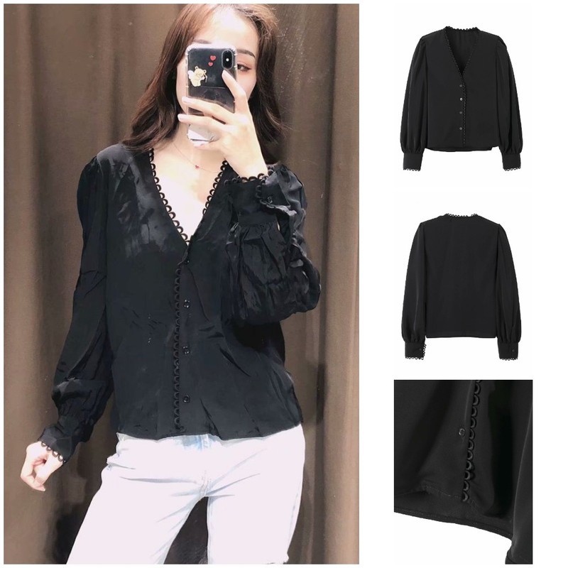 58045 Black V Neck Blouse / Blouse Hitam Lengan Panjang