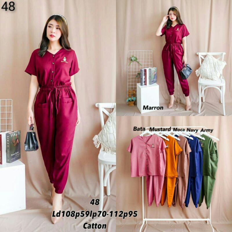 stelan hush puppies 48 katun bordir | setelan wanita kekinian | set kasual | one set joger