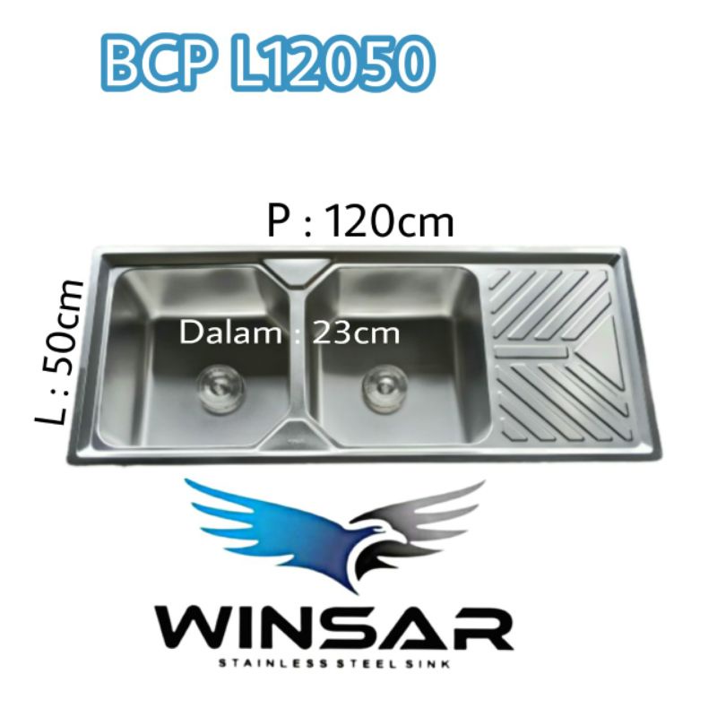 bak cuci piring stainless steel 2 lubang winsar, kitchen sink winsar L12050. bak cuci piring stainle