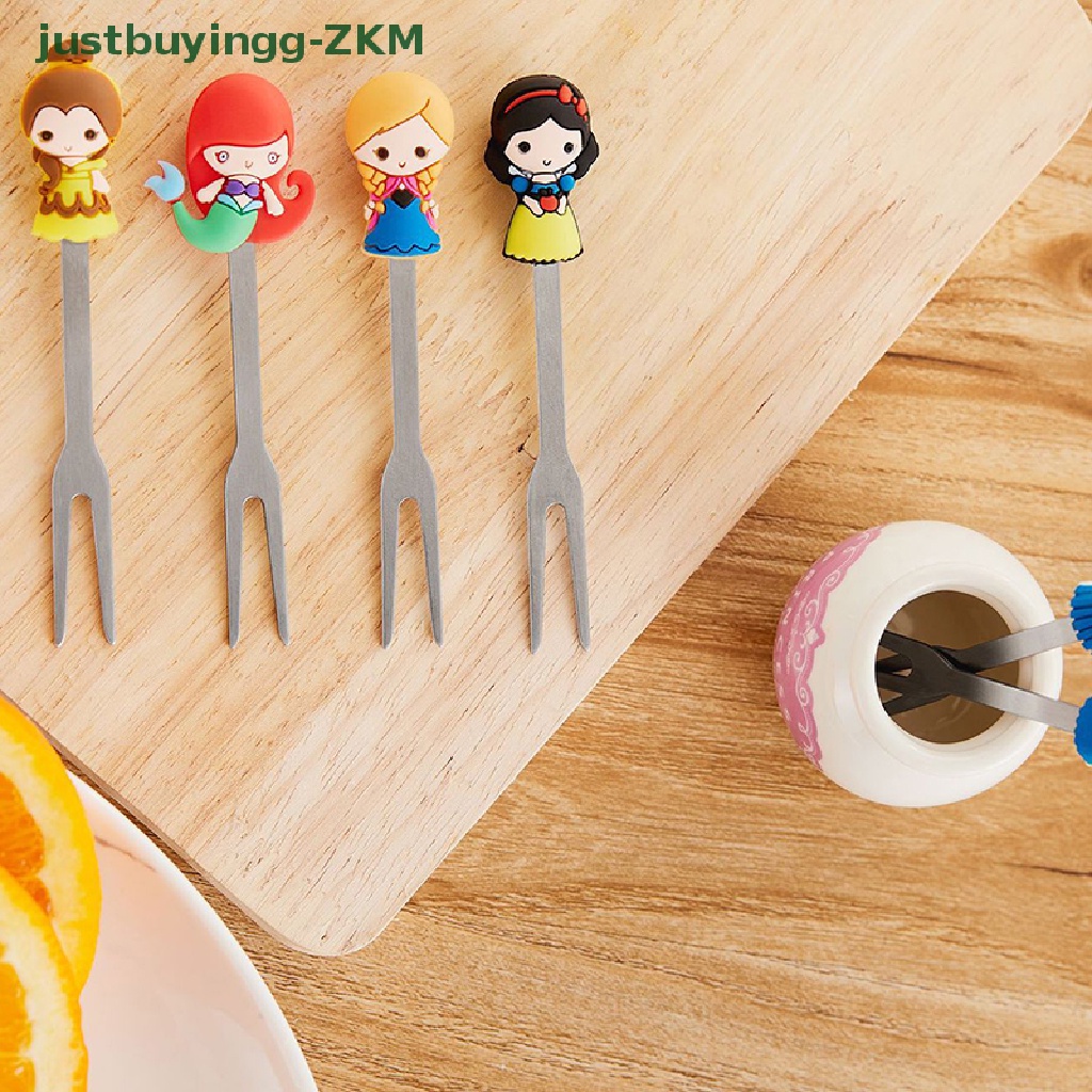 6 Pcs / set Garpu Buah Dessert Bahan Stainless Steel Desain Kartun Princess Dengan Holder