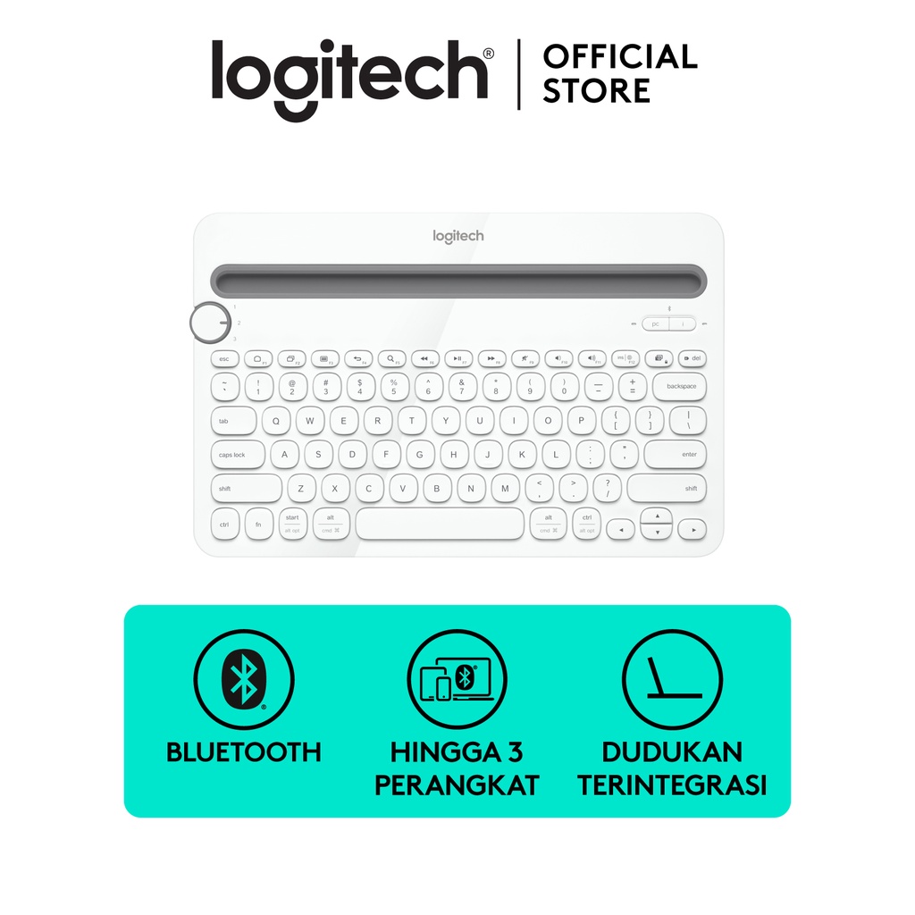 Logitech K480 Keyboard Wireless Bluetooth Portable Multi-Device untuk Windows, Mac, Android, iOS – White