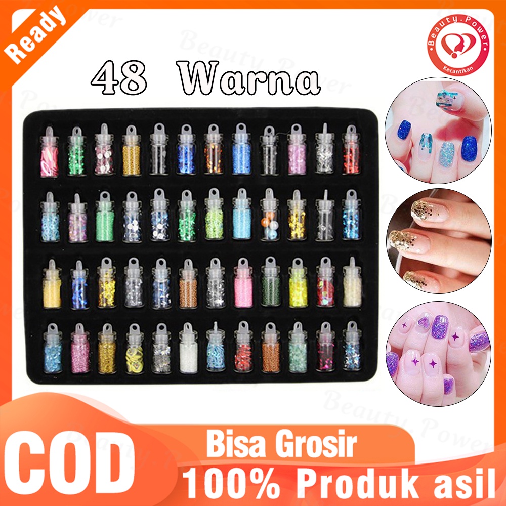 Fashion 48 Pcs/set Kuku Seni Pigmen Glitter Bubuk Set 48 Warna DIY Manikur Dekorasi