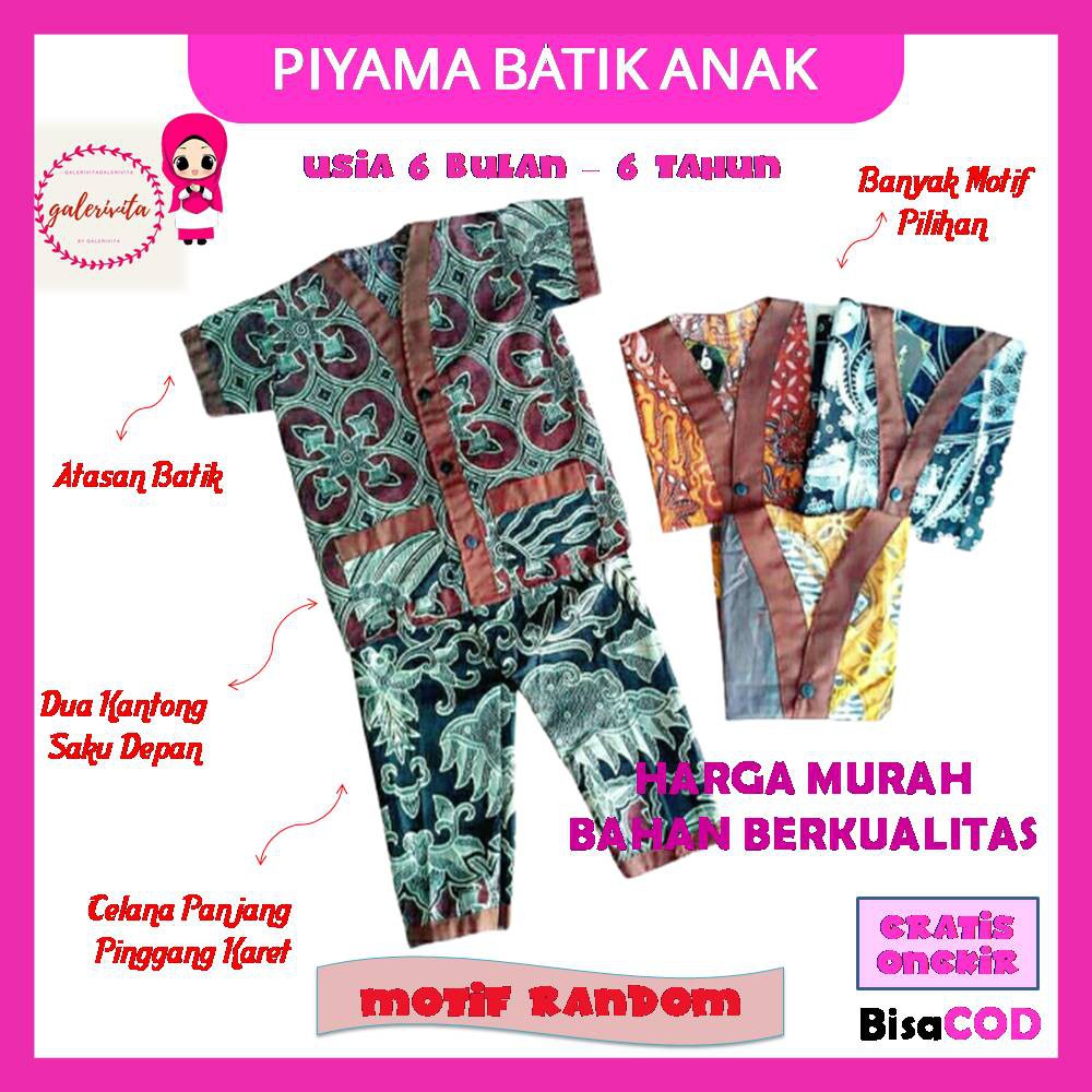 Piyama Anak Batik / Piyama Anak Lengan Pendek / Setelan Baju Tidur Anak 6 Bulan - 6 Tahun