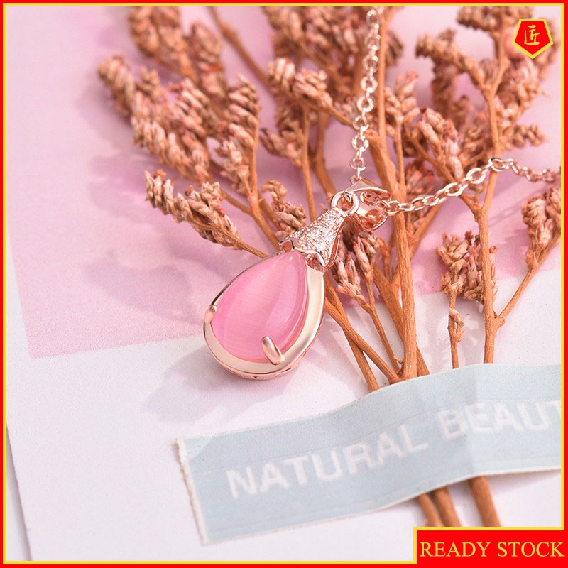 [Ready Stock]Fashion Inlaid Pink Crystal Pendant Simple Elegant Necklace