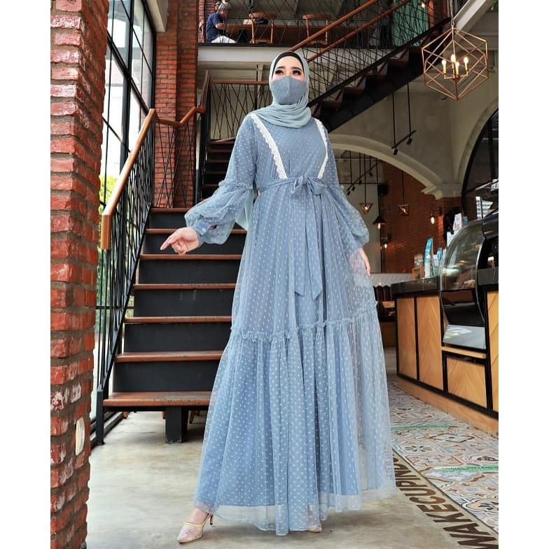 Tiara Maxy / Gamis Wanita Termurah / Gamis Moscrepe Mix Tile Aplikasi Renda/ Gamis Lengan Balon