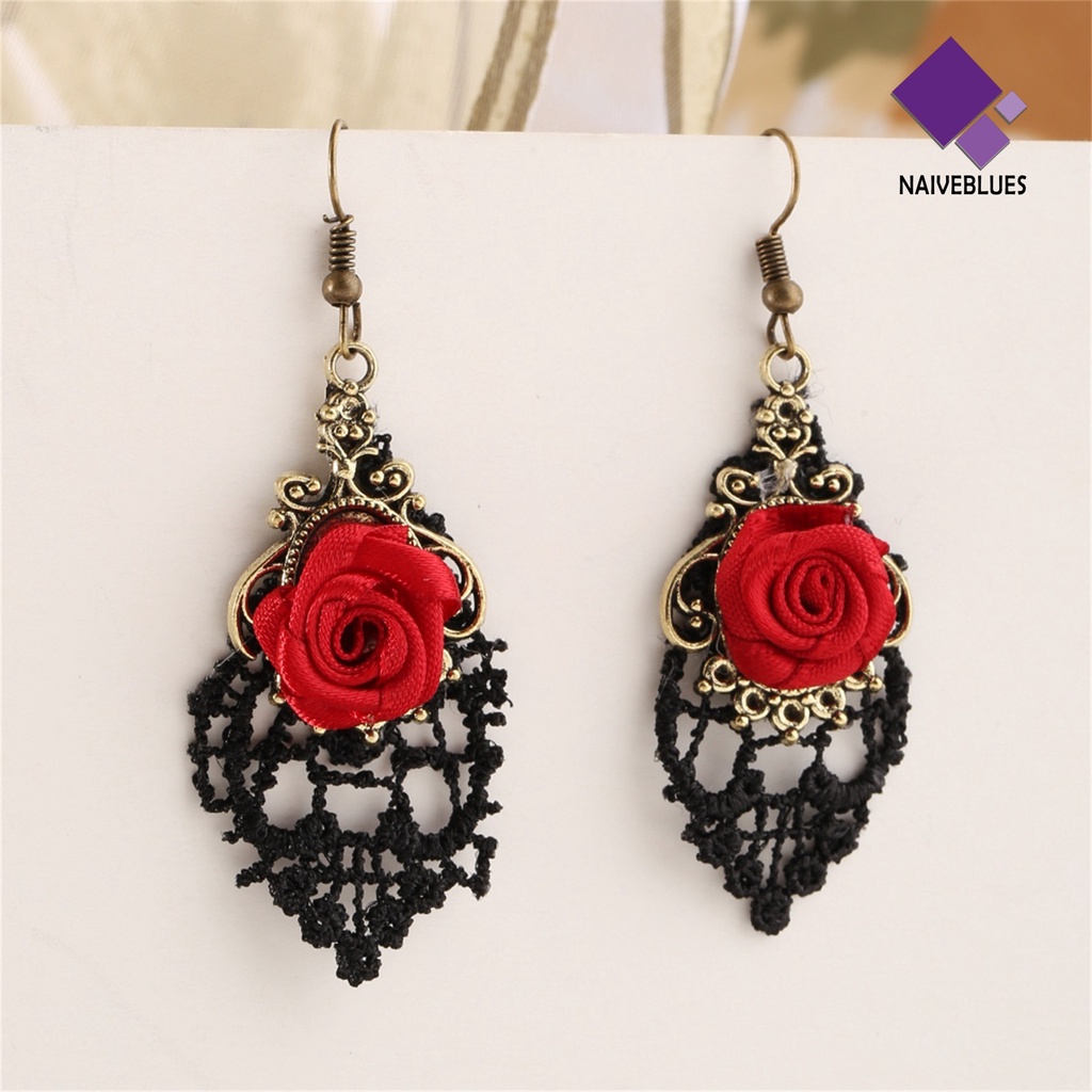 1 Pasang Anting Kait Gantung Wanita Desain Renda Hollow Warna Merah Untuk Hadiah