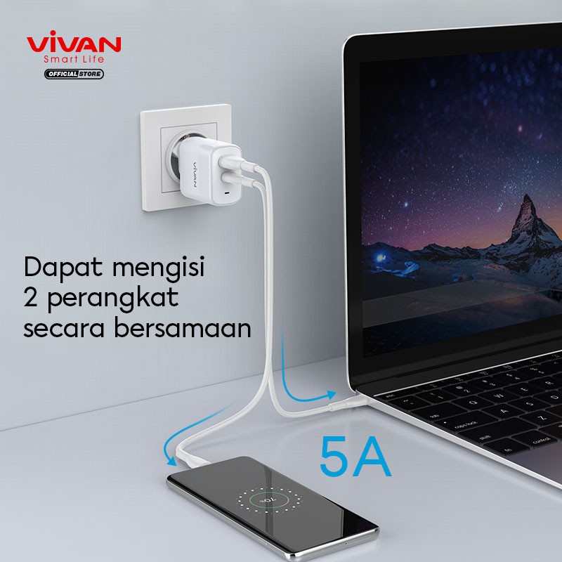 VIVAN Power Boost 2 Output USB &amp; Type C Travel Charger 45W 5A with AU/EU Plug Support Macbook