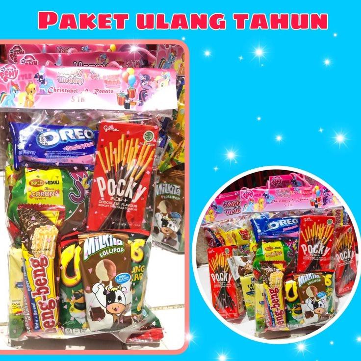

RE Souvenir bingkisan ultah snack ultah /bingkisan event /plus pocky label nama anak TSH Model Baru