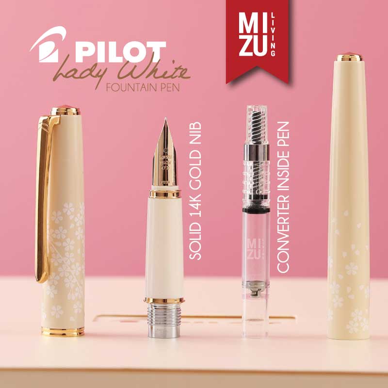 MIZU PILOT LADY WHITE FD-18SR 14K Gold Nib Sakura Cherry Blossom JAPAN Fountain Pen