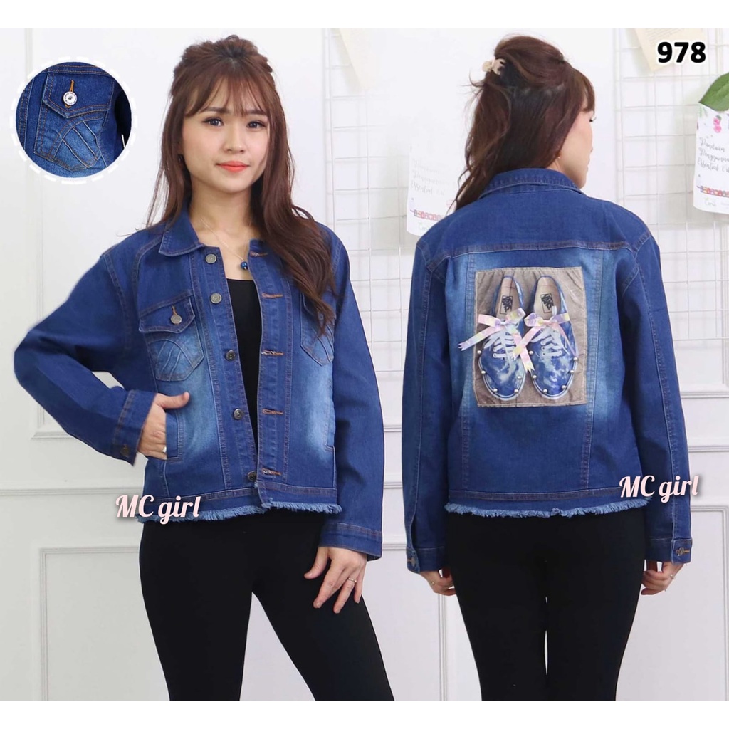 MC girl - Jaket Jeans Rawis Gambar Sepatu Belakang 3D Wanita / Jaket Denim Gambar Lepis Rumbai Gambar Sepatu Sequin Cewek / Jacket Lepis Warna Biru Tua Size XXL Cewek