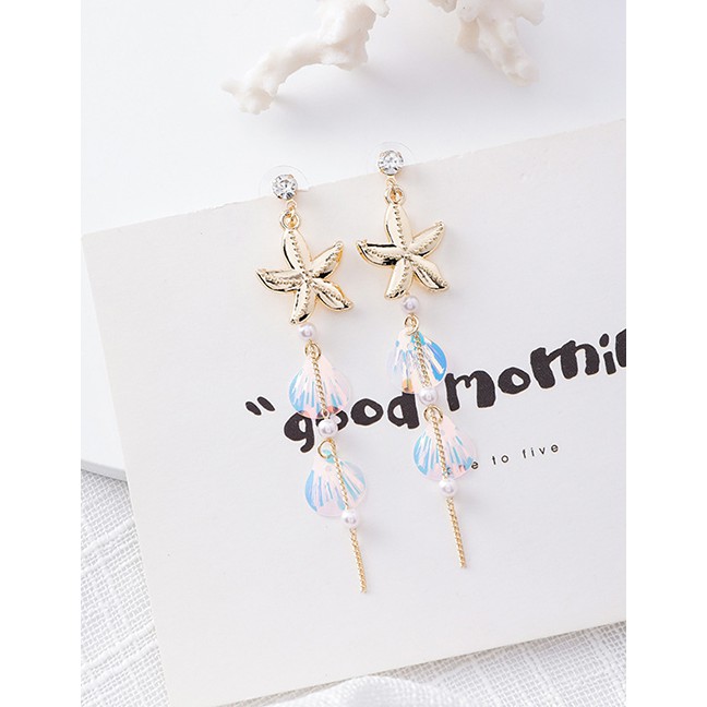 LRC Anting Tusuk Fashion Starfish Pearl Tassel Sequined Metal Earrings F48442