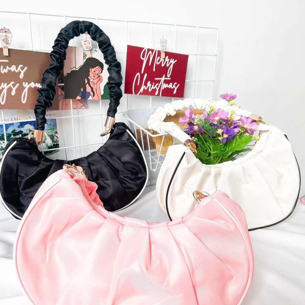 Tas Scrunchie Serut Handbag Korea Pink Pastel Hitam Putih Tas Shoulder Bag Tas Populer Wanita Korea