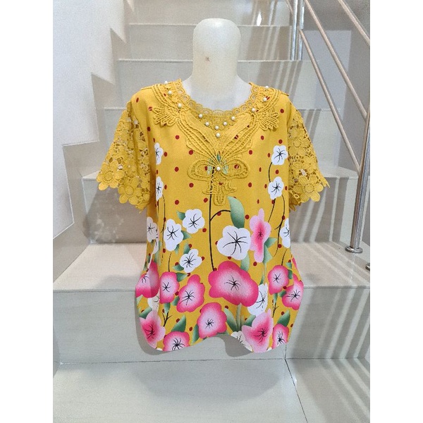 Blouse Brukat Bunga Renda Combi Brukat Impor XL-2XL-266 - Kuning Ld 106