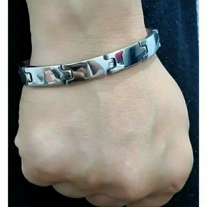 Gelang pria keren model plat baja putih anti karat selamanya