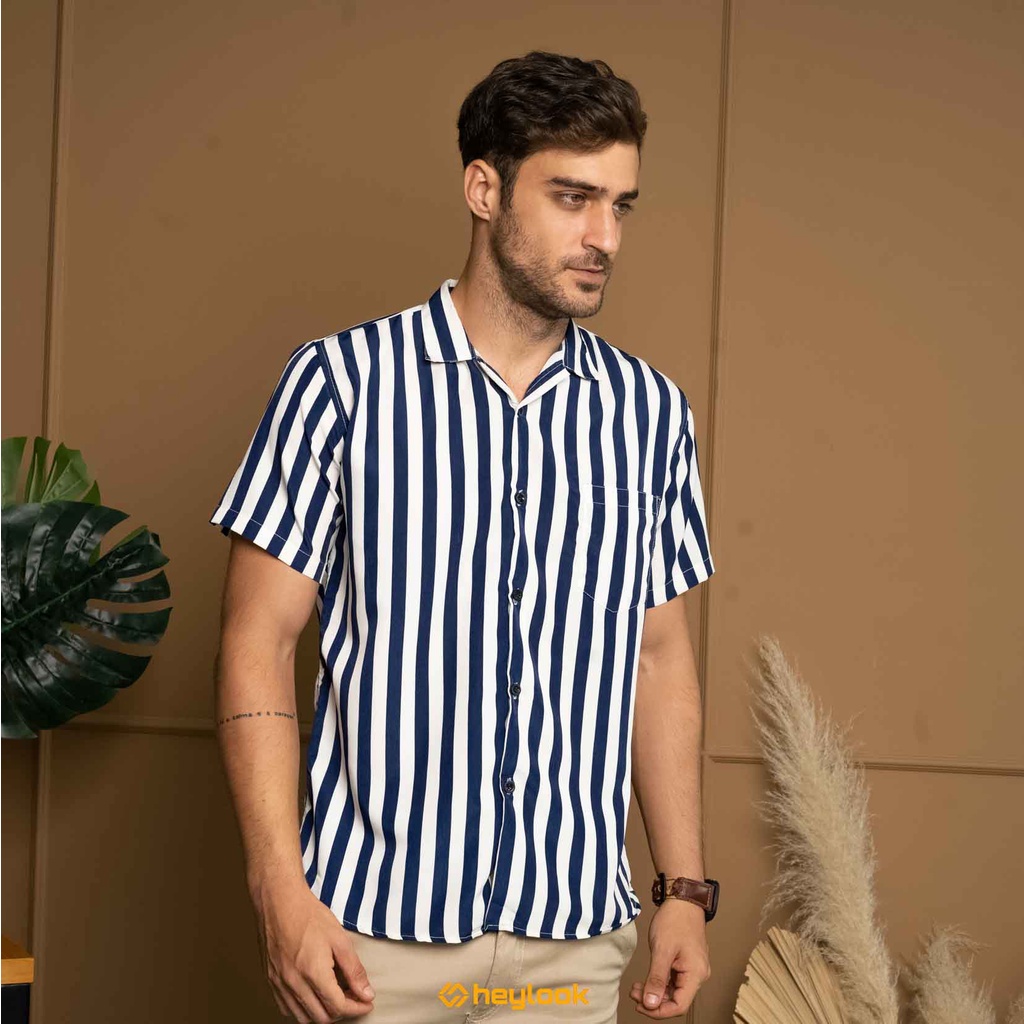 HEYLOOK Project- Stripe Shirt Casual Pria Kemeja Garis Pria Lengan Pendek Stripe Blouse Pria