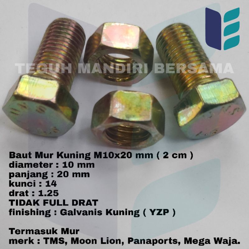 Jual Baut Mur Kuning M10 X 20 Mm ( 2 Cm ) Kunci 14 Harga Per Pcs ...