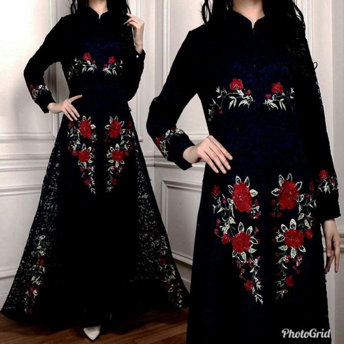 SALE    Baju Muslim / Gamis Brukat / Dress Muslim Motif Bunga Naomi Hitam   New Produks