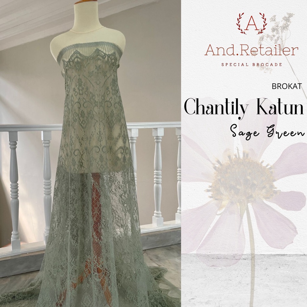 Bahan Kebaya Brokat Semi France Lace Chantily Shantily Katun Per panel 2,5m Warna Sage Green