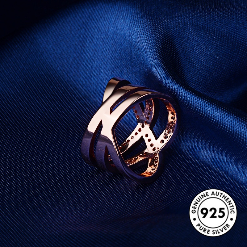 Cincin Sterling Silver 925 Model Kepang Warna Rose Gold Dengan Berlian Imitasi Untuk Wanita