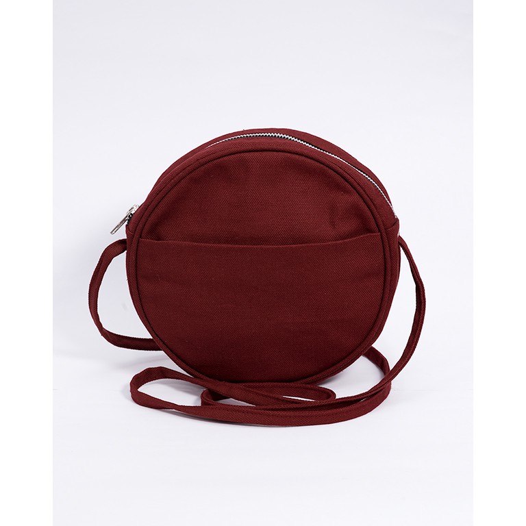 Tas Slempang Bulat Kanvas Heejou Wanita Perempuan Lucu Circle Maroon