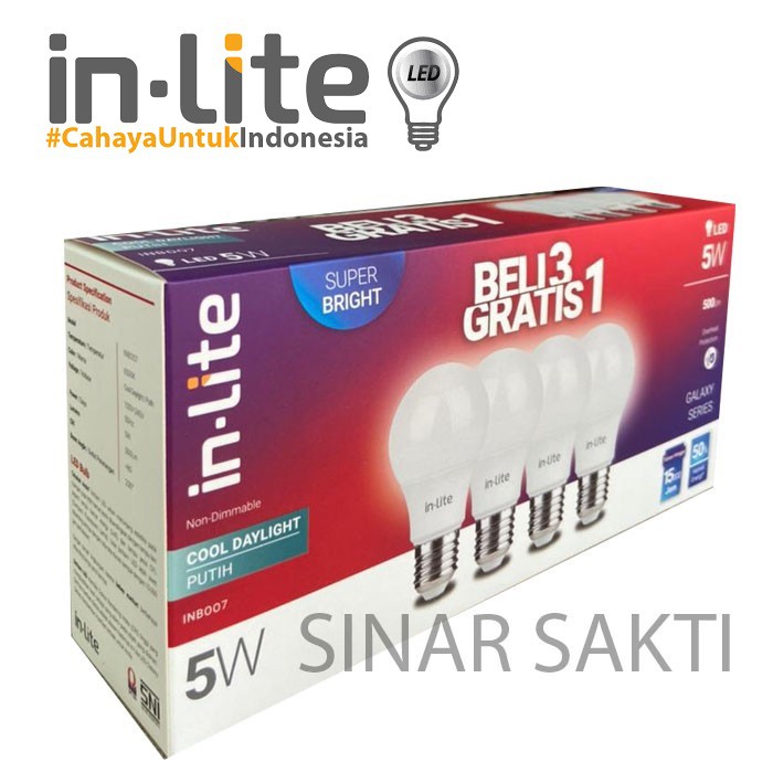 INLITE Lampu Led 5w Paket Beli 3 Gratis 1 Lampu Bohlam Bergaransi 5 Watt