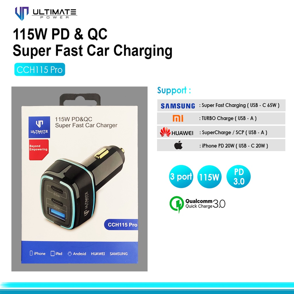 Ultimate Power 115W PD + QC 3Port Super Fast Car Charger CCH115 Pro