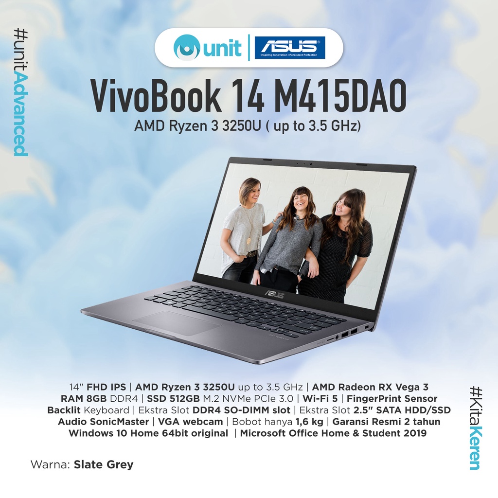 ASUS VivoBook 14 M415DAO-VIPS352 Ryzen 3 3250U 8GB 512GB Win 10 - Slate Grey