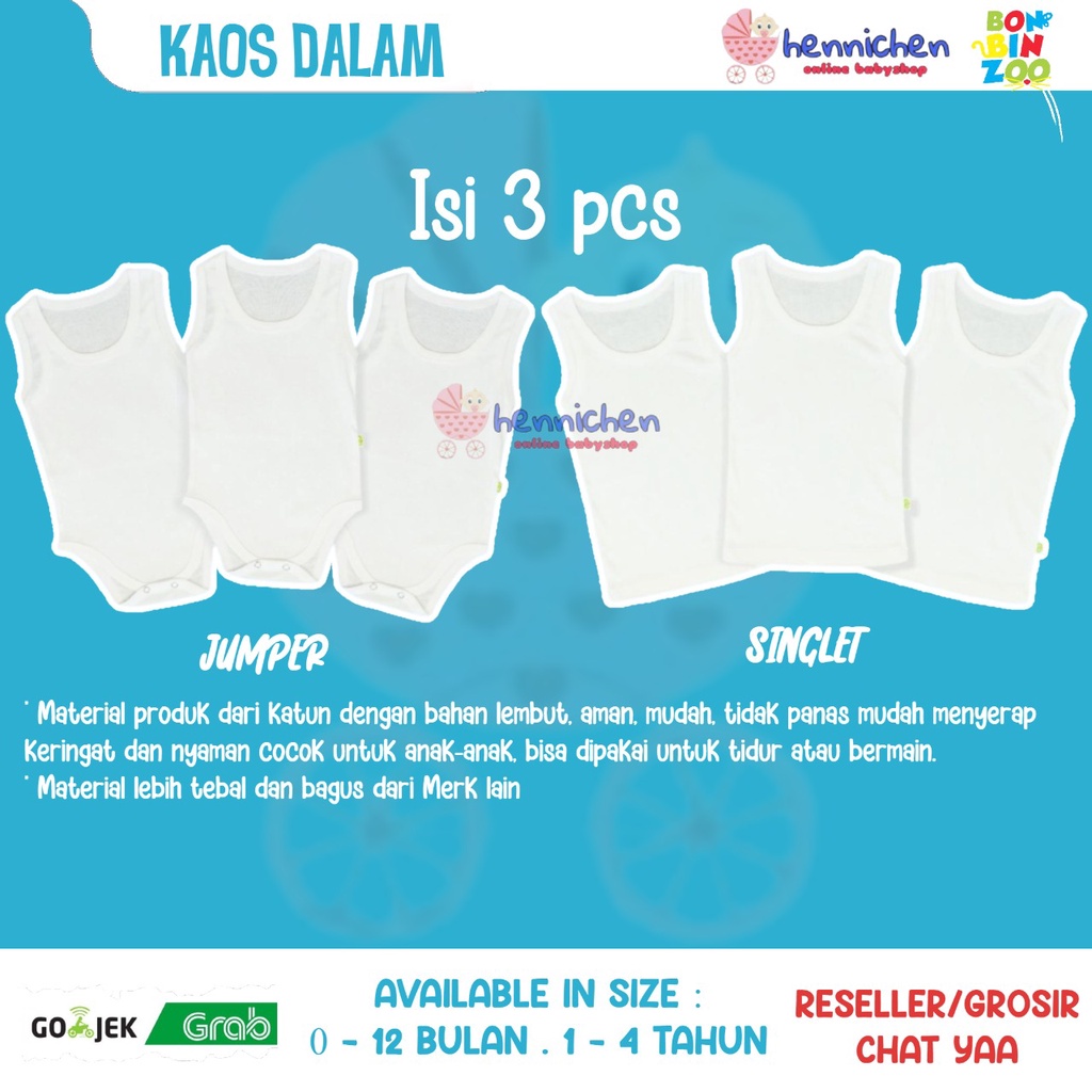 3 Pcs SInglet kaos dalam bonbinzoo adem halus SNI baju bayi / baju anak