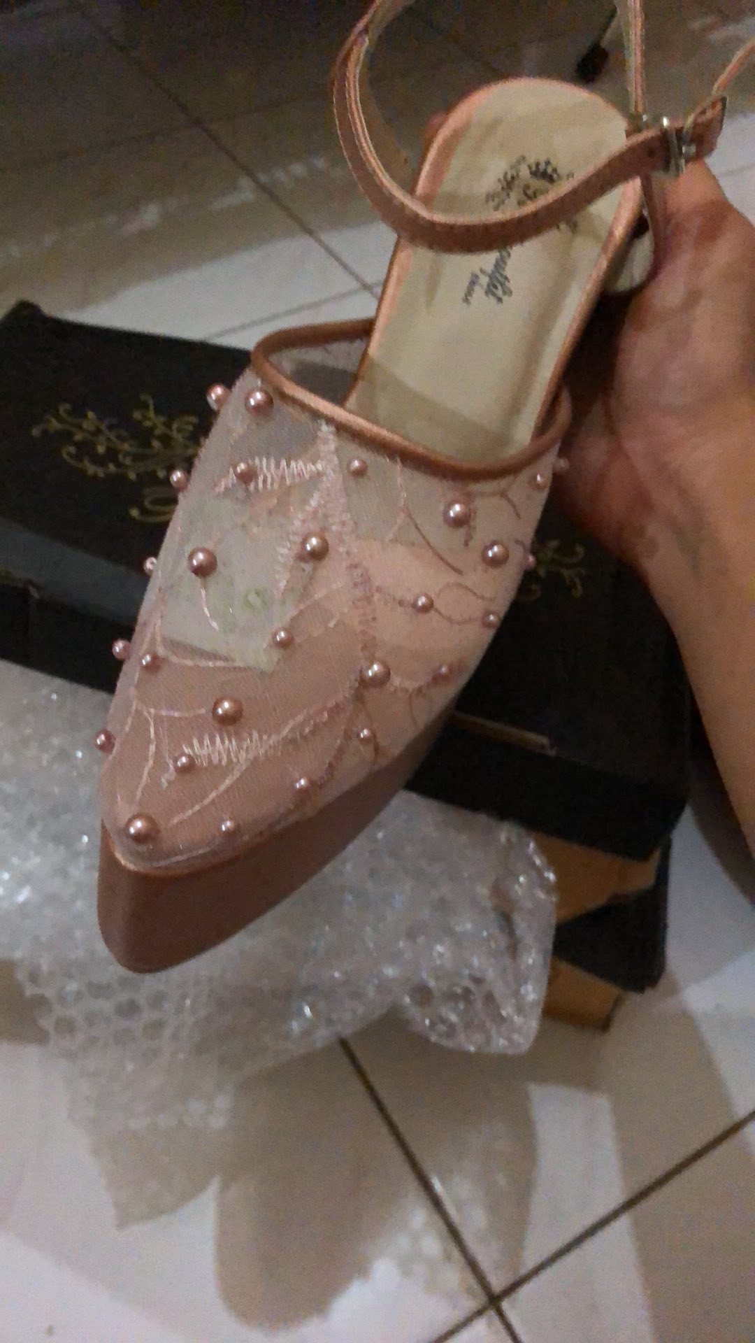Sepatu Purri Rosegold Abstrak Lace Mutiara Tabut Tinggi 12cm