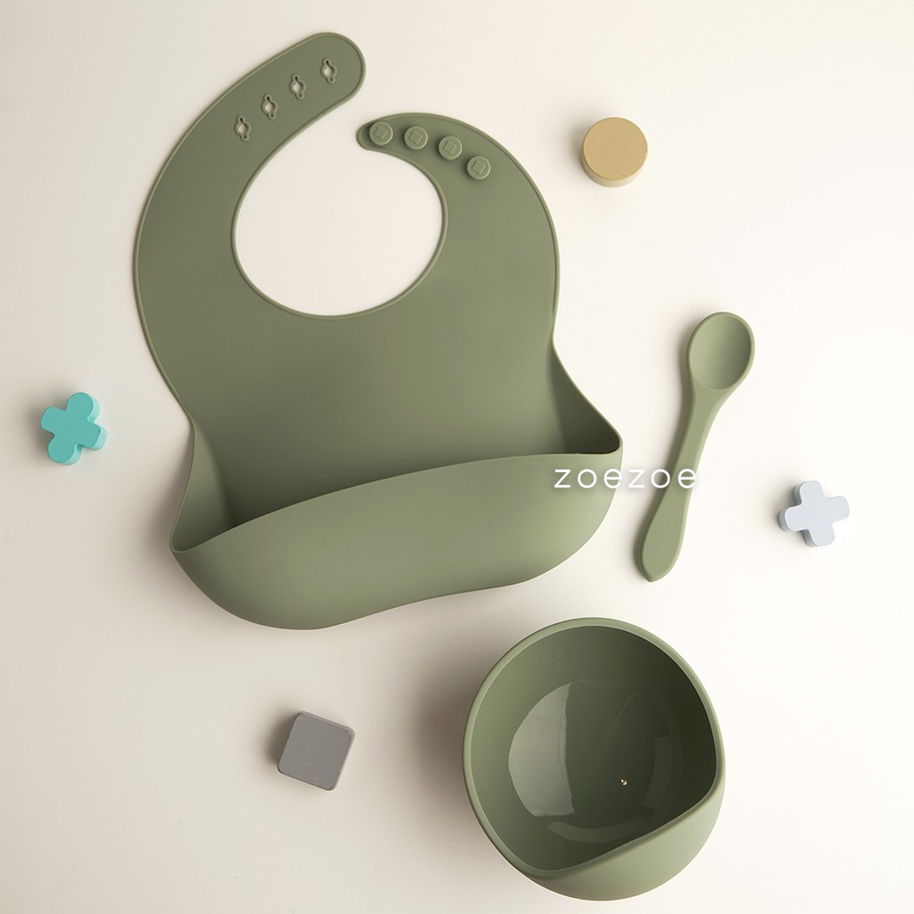 ZOEZOE Silicone Bib Suction Plate Bowl Spoon Set Celemek Piring Mangkok Sendok Makan Bayi Silikon