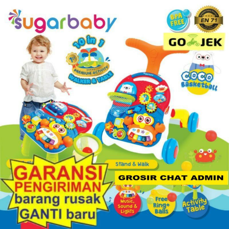 SugarBaby 10in1 Premium Activity walker Mini walker Baby Walker  Mini Car Push Walker (Baby Walker)Mainan bayi dorong baby push walker  coco basketball Sugar Baby 10IN1 Premium Activity Walker &amp; Table - Parrot Basketball Push Walker Baby Walker Sugar