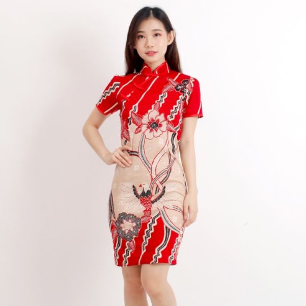 Baju batik wanita - Dress batik fashion cheongsam 032-032.RED D