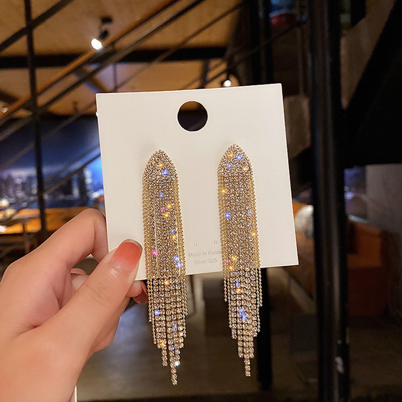 Fancyqube Anting Rumbai Panjang Bentuk Segitiga Geometris Aksen Kristal Berlian Imitasi Untuk Wanita