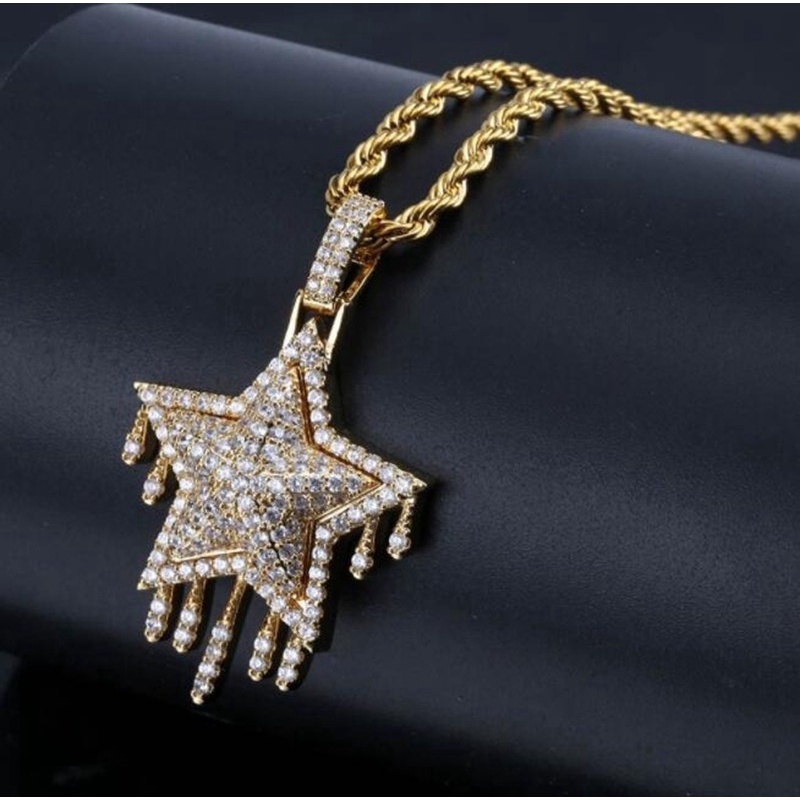 Kalung Dengan Liontin Bentuk Bintang Dan Tetesan Air Bahan Zircon Warna Emas Dan Silver Gaya Hip Hop Untuk Unisex