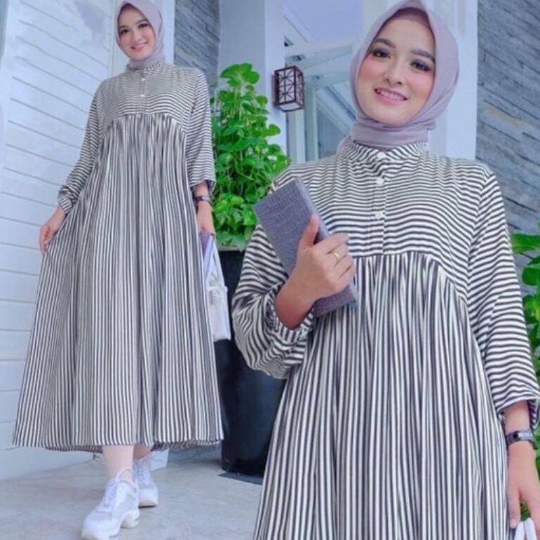 Dress Midi Motif Dress Polos Katun Baju Gantung Terlaris Semi Dress Garis-Garis Outfit Strip Wanita 