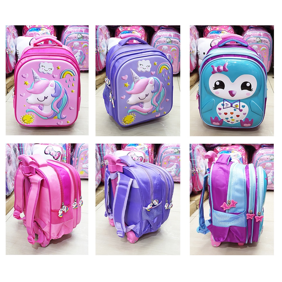 PROMO Tas Roda Dorong Trolley Anak TK Perempuan Motif Kuda Pony PIRANG CETAR Burung Piquin OWL Glossy Embos Timbul 3Res IMPORT