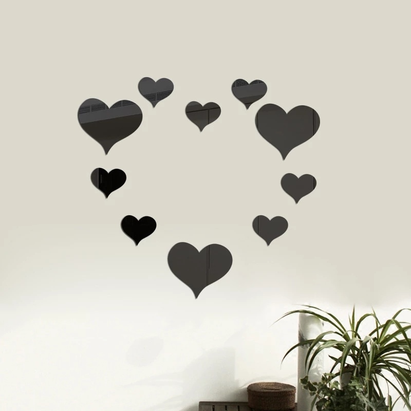 10pcs / Set Stiker Dinding Decal Desain Love Heart Dengan Efek Cermin, Dapat Dicopot