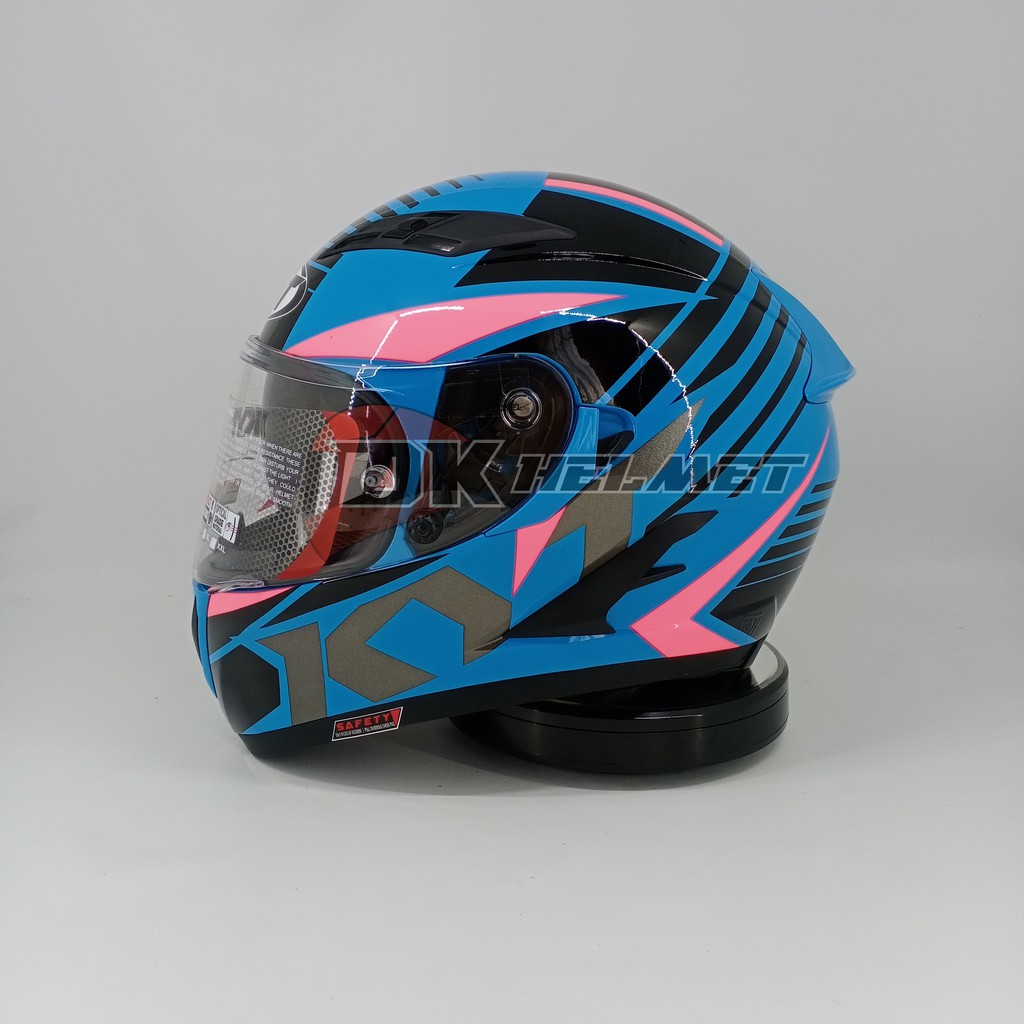 Helm Full Face KYT Falcon FR Motif Radiant Sky Blue Fuxia Flat Visor Double Visor Original Biru Muda