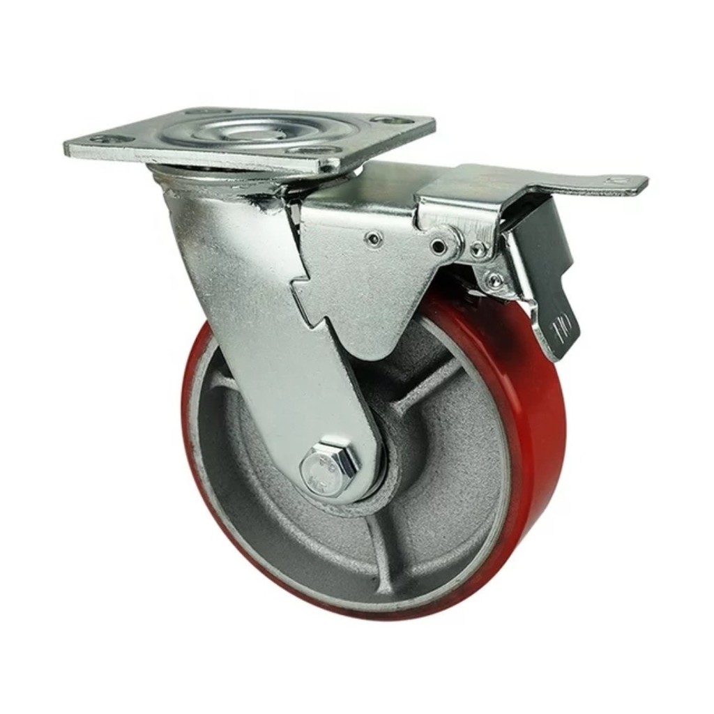 Roda Caster Troli / Troly PU Merah 6 Inch Taiwan Heavy Duty Rem ( Kunci )