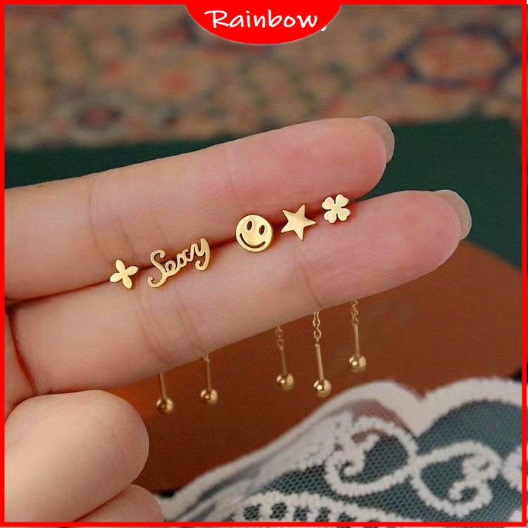 Anting Stud Rumbai Bahan Titanium Steel Anti Alergi Warna Emas Gaya Korea Untuk Wanita