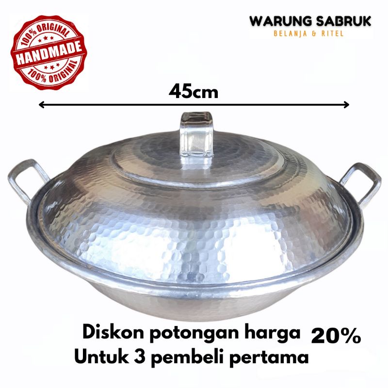 Wajan Tutup jumbo kuali penggorengan Aluminium uk 45cm tebal anti lengket anti karat