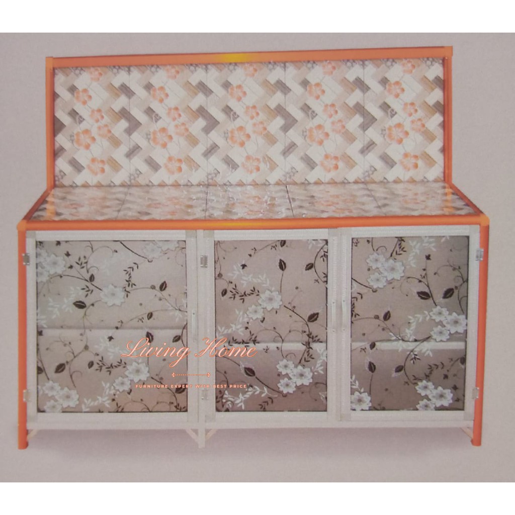 Meja Kompor Rata 3 Pintu Lemari Dapur Keramik Rak Piring Gelas Aluminium Kaca