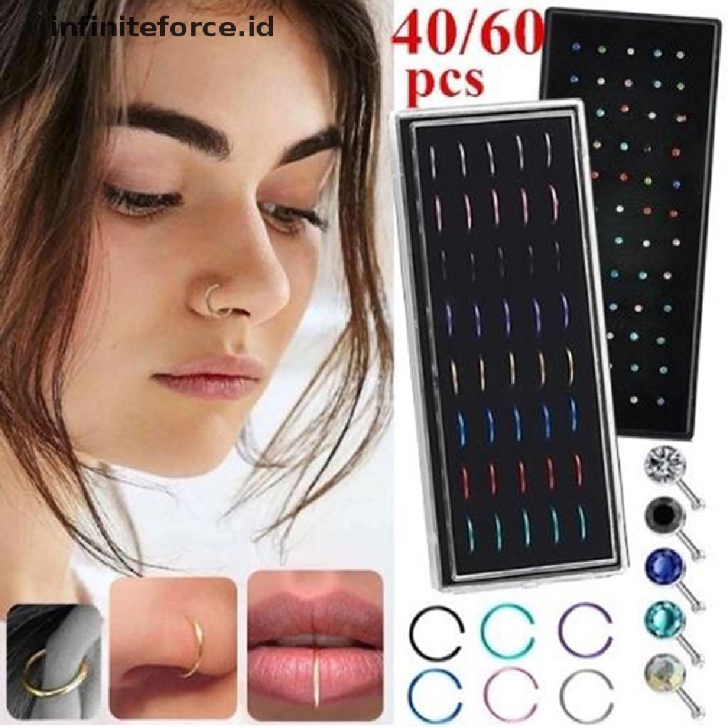 40 / 60pcs / Set Cincin Hoop Tindik Tubuh Hidung Bahan Baja Untuk Perhiasan