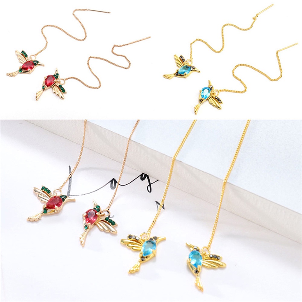 Hu Hu Hu Hu Hu Alat Bantu Pasang Kacamata♡ Anting Tusuk Gantung Panjang Desain Burung Kolibri Hias Berlian Imitasi Untuk Wanita