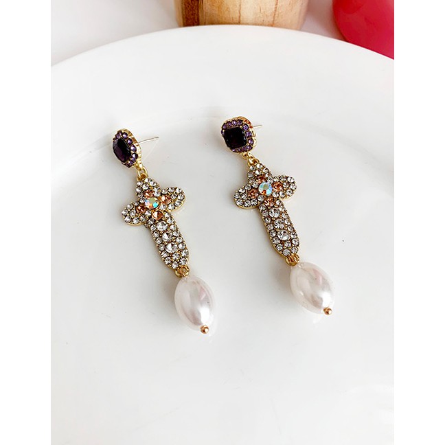 LRC Anting Tusuk Fashion Purple Alloy Diamond Cross Pearl Earrings F91337