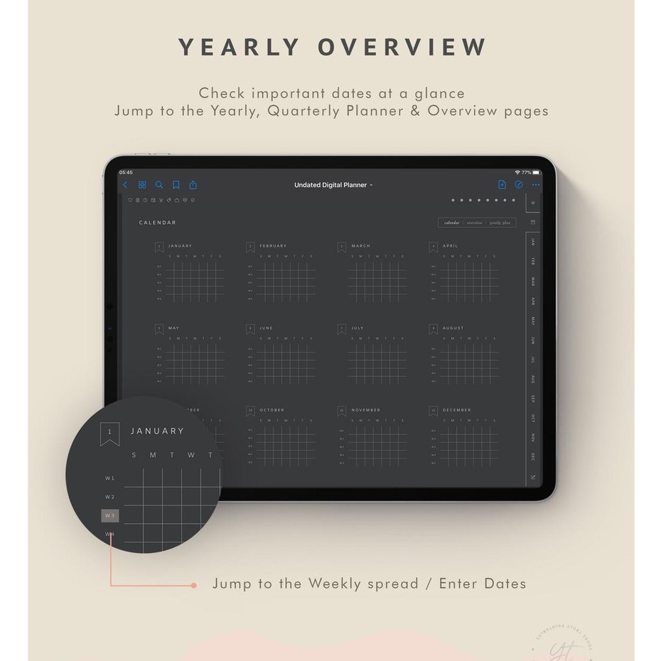 Digital Journal &amp; Planner - Undated Blackout Daily Planner for Goodnotes, Notability, Xodo, (Full Page Hyperlinked)