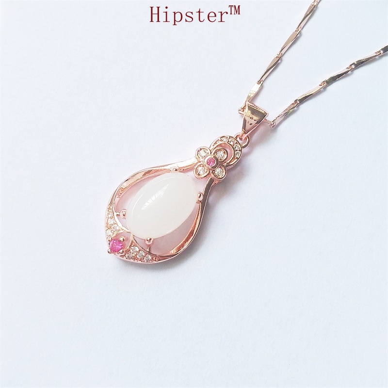 Fashion Classic Hot Sale 18K Rose Gold Full Diamond Pink Jade Pendant Elegant Necklace
